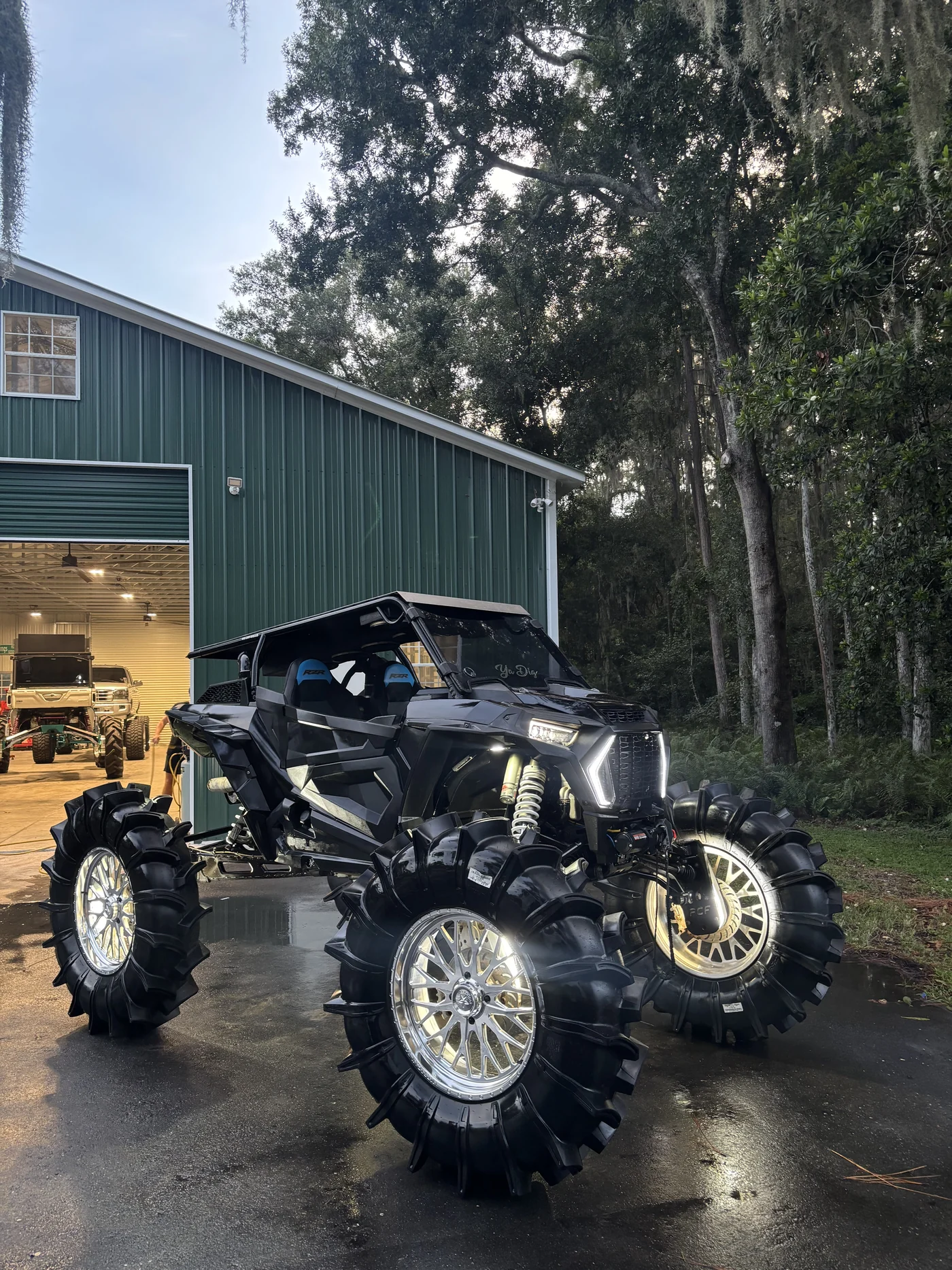 Black Polaris RZR on polished wheels after a full detail